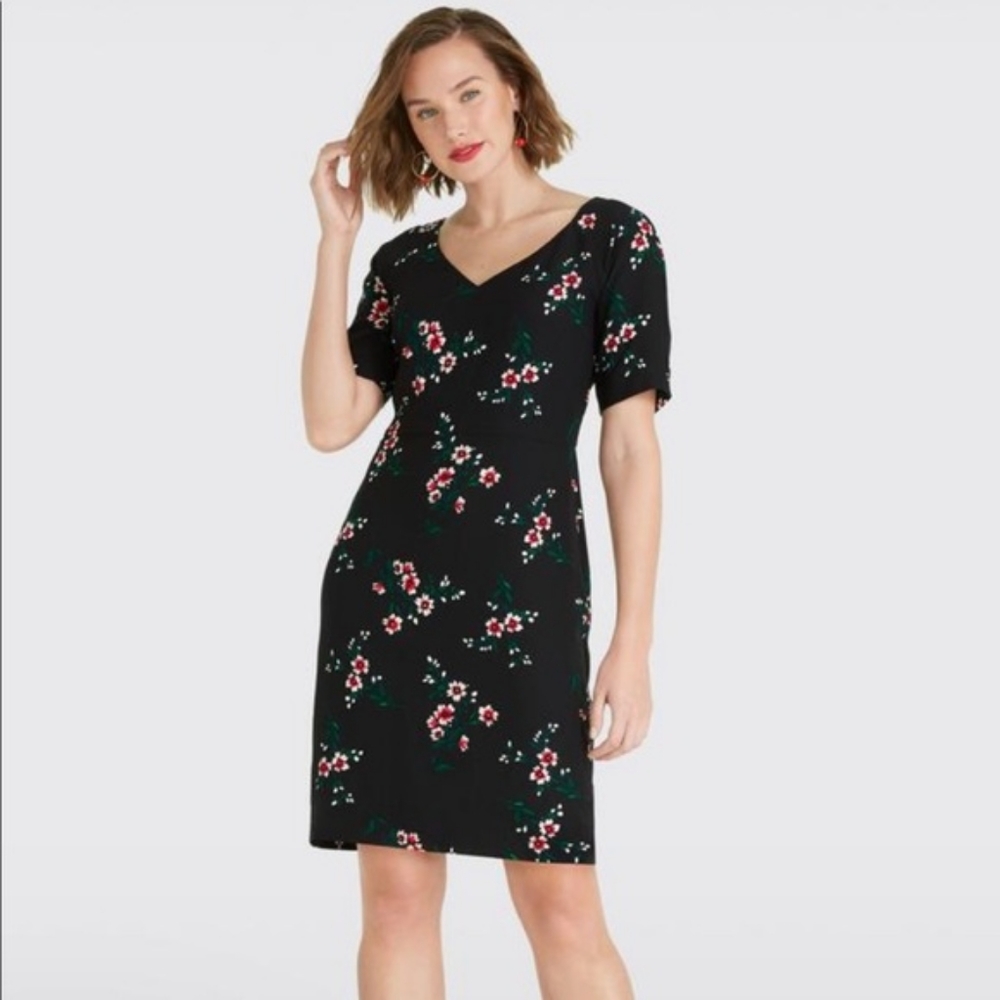 Draper James - Black Floral V Neck Short Sleeve Dress - Size 8